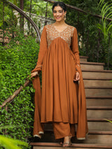 Women's Brown Georgette Yoke Embroidered A-line Kurta Set With Dupatta