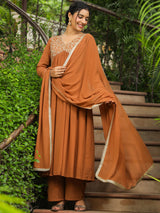 Women's Brown Georgette Yoke Embroidered A-line Kurta Set With Dupatta