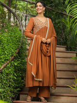 Women's Brown Georgette Yoke Embroidered A-line Kurta Set With Dupatta