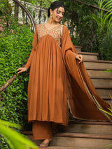 Women's Brown Georgette Yoke Embroidered A-line Kurta Set With Dupatta