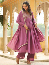 Women's Lavender Georgette Yoke Embroidered A-line Kurta Set With Dupatta
