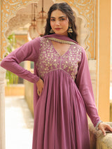 Women's Lavender Georgette Yoke Embroidered A-line Kurta Set With Dupatta