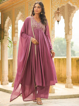 Women's Lavender Georgette Yoke Embroidered A-line Kurta Set With Dupatta