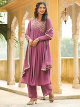 Women's Lavender Georgette Yoke Embroidered A-line Kurta Set With Dupatta