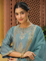 Women's Sage Green Silk Blend Zari Embroidered Straight Kurta Set With Dupatta