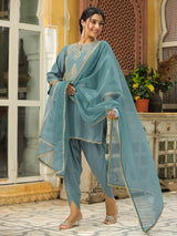Women's Sage Green Silk Blend Zari Embroidered Straight Kurta Set With Dupatta