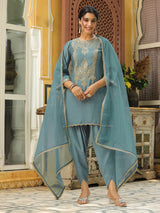 Women's Sage Green Silk Blend Zari Embroidered Straight Kurta Set With Dupatta