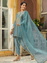 Women's Sage Green Silk Blend Zari Embroidered Straight Kurta Set With Dupatta