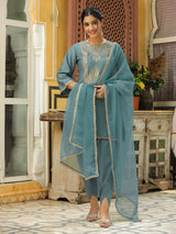 Women's Sage Green Silk Blend Zari Embroidered Straight Kurta Set With Dupatta