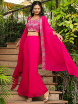 Women's Pink Georgette Embroidered Top With Pant & Cape Set