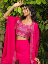 Women's Pink Georgette Embroidered Top With Pant & Cape Set