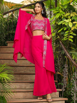 Women's Pink Georgette Embroidered Top With Pant & Cape Set