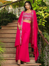 Women's Pink Georgette Embroidered Top With Pant & Cape Set
