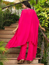 Women's Pink Georgette Embroidered Top With Pant & Cape Set