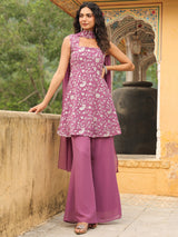 Women's Lavender Georgette Embroidered A-line Kurta Set With Dupatta
