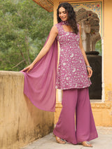 Women's Lavender Georgette Embroidered A-line Kurta Set With Dupatta