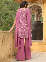 Women's Lavender Georgette Embroidered A-line Kurta Set With Dupatta