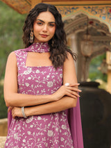 Women's Lavender Georgette Embroidered A-line Kurta Set With Dupatta