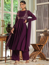 Women's Purple Georgette Embroidered Anarkali Kurta With Palazzo Set With Dupatta