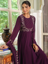 Women's Purple Georgette Embroidered Anarkali Kurta With Palazzo Set With Dupatta