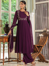 Women's Purple Georgette Embroidered Anarkali Kurta With Palazzo Set With Dupatta
