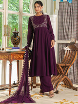 Women's Purple Georgette Embroidered Anarkali Kurta With Palazzo Set With Dupatta