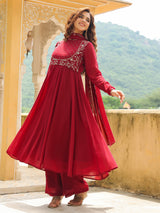 Women's Maroon Georgette Embroidered Anarkali Kurta Set With Dupatta