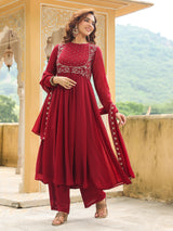 Women's Maroon Georgette Embroidered Anarkali Kurta Set With Dupatta