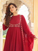 Women's Maroon Georgette Embroidered Anarkali Kurta Set With Dupatta