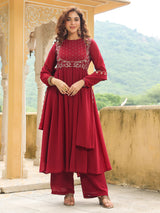 Women's Maroon Georgette Embroidered Anarkali Kurta Set With Dupatta