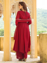 Women's Maroon Georgette Embroidered Anarkali Kurta Set With Dupatta