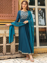 Women's Teal Blue Rayon Yoke Embroidered Anarkali Kurta Set With Dupatta
