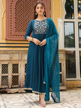 Women's Teal Blue Rayon Yoke Embroidered Anarkali Kurta Set With Dupatta