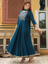 Women's Teal Blue Rayon Yoke Embroidered Anarkali Kurta Set With Dupatta