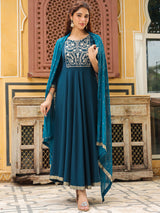 Women's Teal Blue Rayon Yoke Embroidered Anarkali Kurta Set With Dupatta