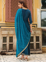 Women's Teal Blue Rayon Yoke Embroidered Anarkali Kurta Set With Dupatta