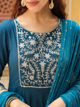Women's Teal Blue Rayon Yoke Embroidered Anarkali Kurta Set With Dupatta