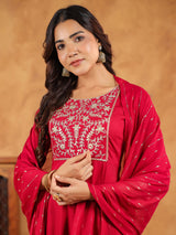 Women's Pink Rayon Zari Embroidered Anarkali Kurta Set With Dupatta