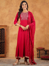 Women's Pink Rayon Zari Embroidered Anarkali Kurta Set With Dupatta