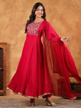 Women's Pink Rayon Zari Embroidered Anarkali Kurta Set With Dupatta