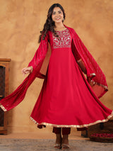 Women's Pink Rayon Zari Embroidered Anarkali Kurta Set With Dupatta