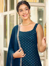 Women's Teal Blue Rayon Foil Printed Straight Kurta Set With Dupatta