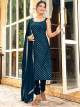 Women's Teal Blue Rayon Foil Printed Straight Kurta Set With Dupatta