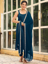 Women's Teal Blue Rayon Foil Printed Straight Kurta Set With Dupatta