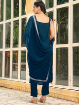 Women's Teal Blue Rayon Foil Printed Straight Kurta Set With Dupatta