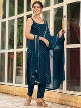 Women's Teal Blue Rayon Foil Printed Straight Kurta Set With Dupatta