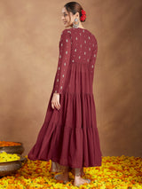 Women's Maroon Georgette Embellished Foil Printed Front-open Tiered Kurta Pant Set