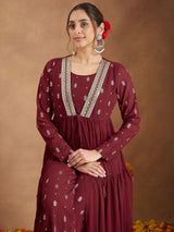 Women's Maroon Georgette Embellished Foil Printed Front-open Tiered Kurta Pant Set