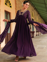 Women's Purple Georgette Embroidered Gold Printed Anarkali Kurta With Dupatta Set With Dupatta
