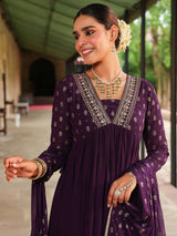 Women's Purple Georgette Embroidered Gold Printed Anarkali Kurta With Dupatta Set With Dupatta